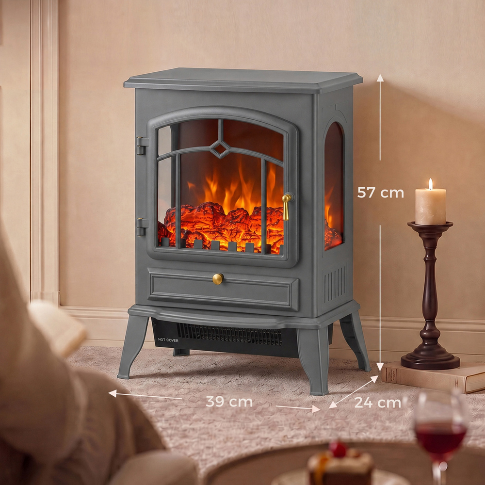 HOMCOM 3-Sided Grey Electric Fireplace Stove with Realistic Log Flame Effect Image 7