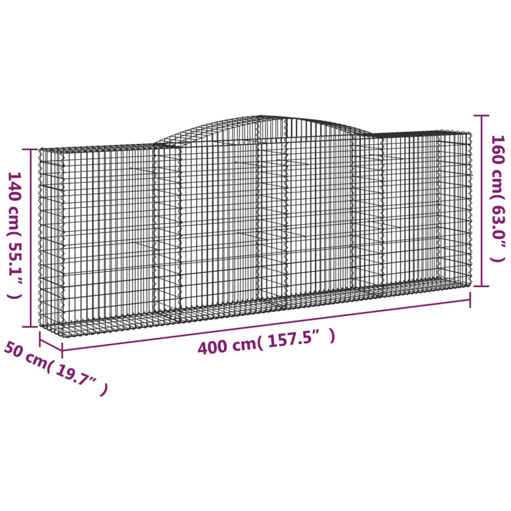 vidaXL Silver Galvanised Iron Arched Gabion Basket 140/160 x 50 x 400cm 4 Pack Image 5