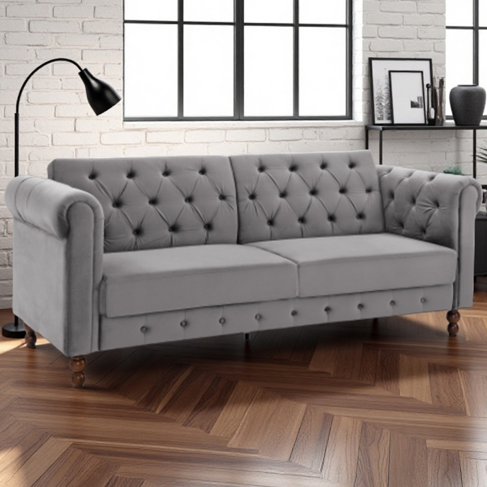 Indoor Living Royal Chesterfield 3 Seater Grey Velvet Sofa Bed Image 1