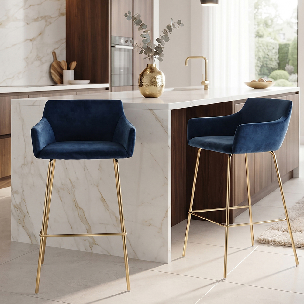 Premier Housewares Tamzin Blue Velvet Low Back Bar Chair Image 3