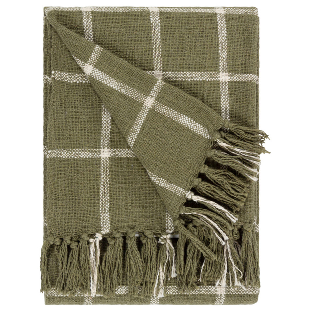 Yard Beni Moss Green and Natural Checked Fringed Throw 130 x 180cm Image 1