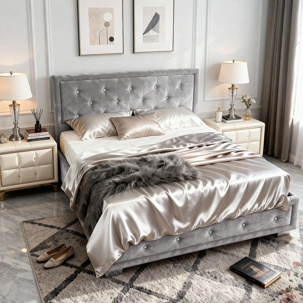 Brooklyn Double Silver Fabric Diamante Ottoman Bed Frame Image 2