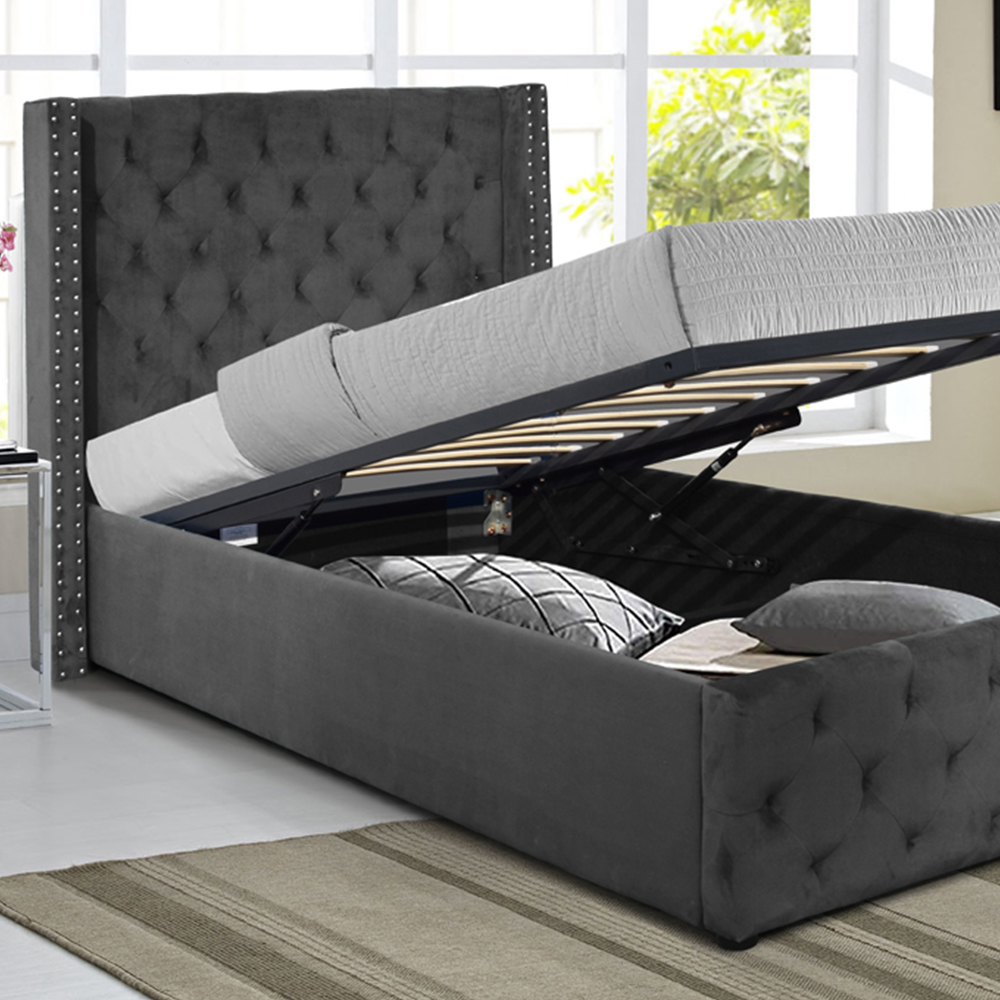 Comfy Living Single Dark Grey Winged Plush Velvet Fabric Gas Lift Ottoman Bed Frame Image 2