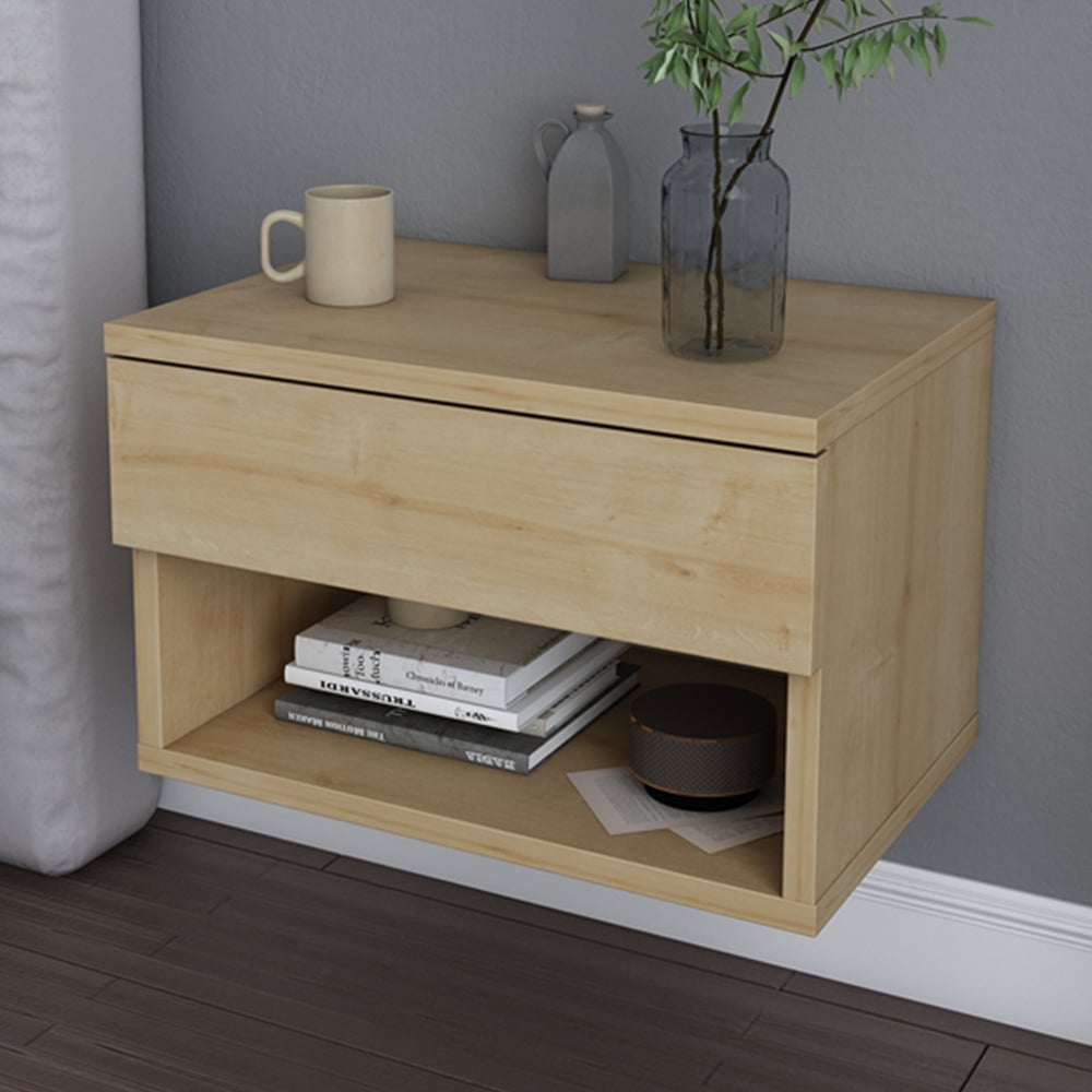 Decorotika Jamot Single Drawer Oak Floating Bedside Table Image 1