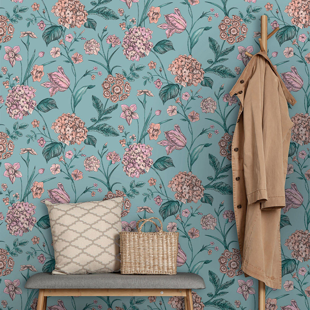 Holden Decor Amelie Hydrangea Teal Wallpaper Image 3