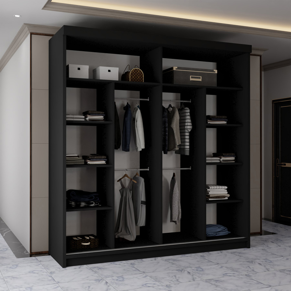 M N Furniture Osaka 2 Door Black Mirrored Panel Sliding Wardrobe 203cm Image 4