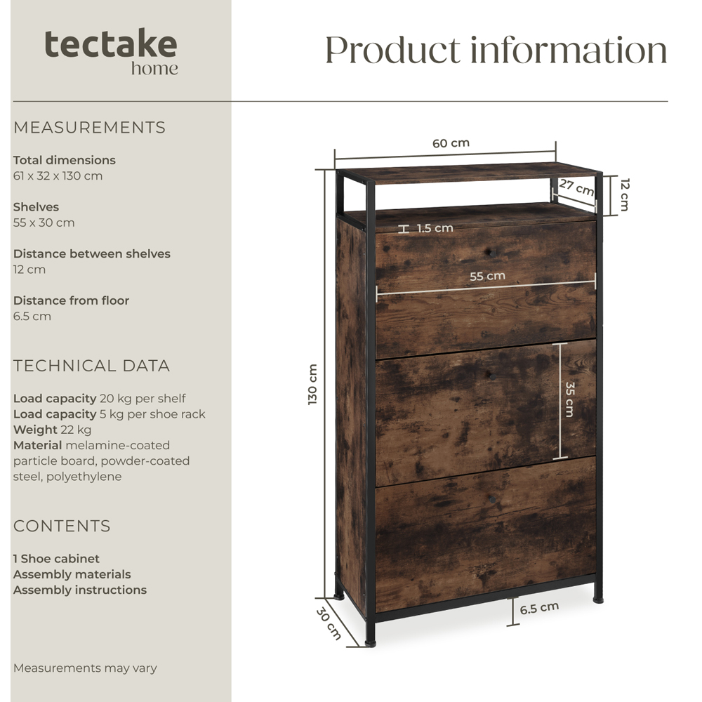 tectake 3 Tilt Drawer Dark Wood Slim Rack 32 x 61 x 130cm Image 9