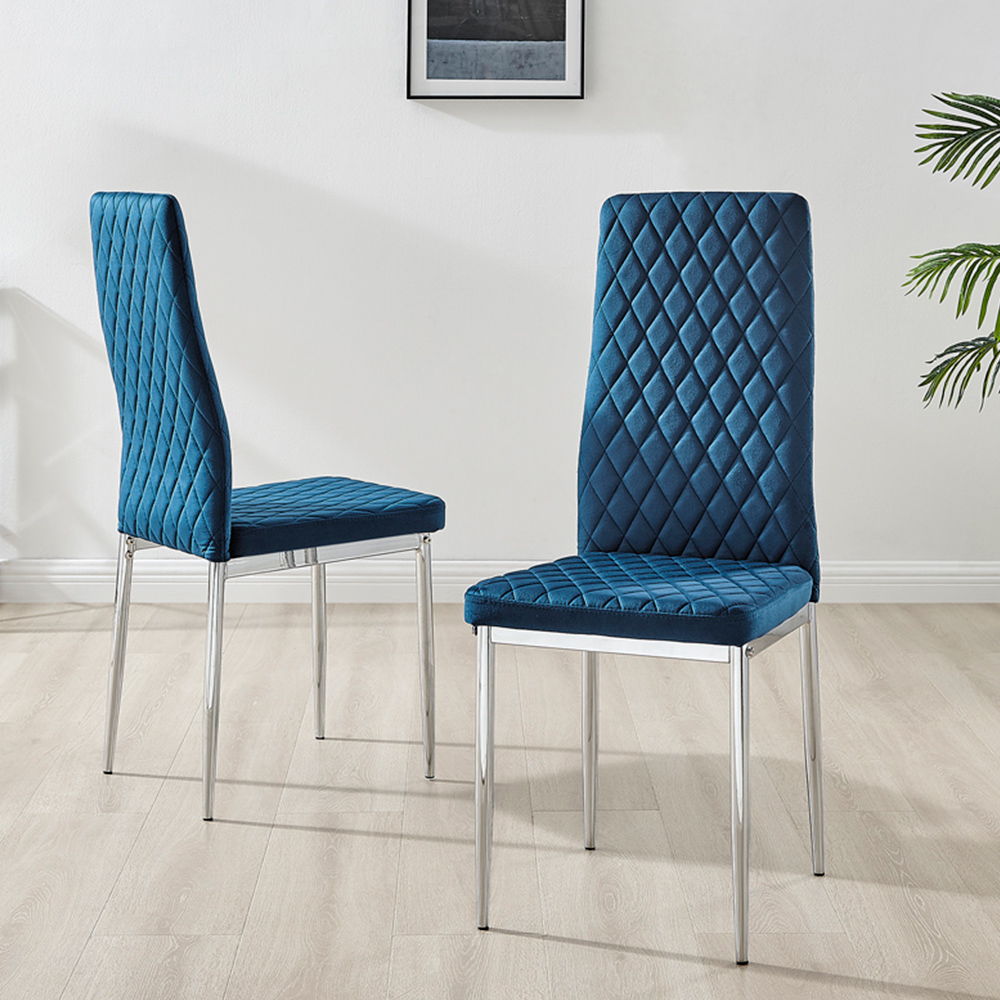 Furniturebox Nova Set of 4 Navy Blue and Silver Velvet Dining Chair Image 2