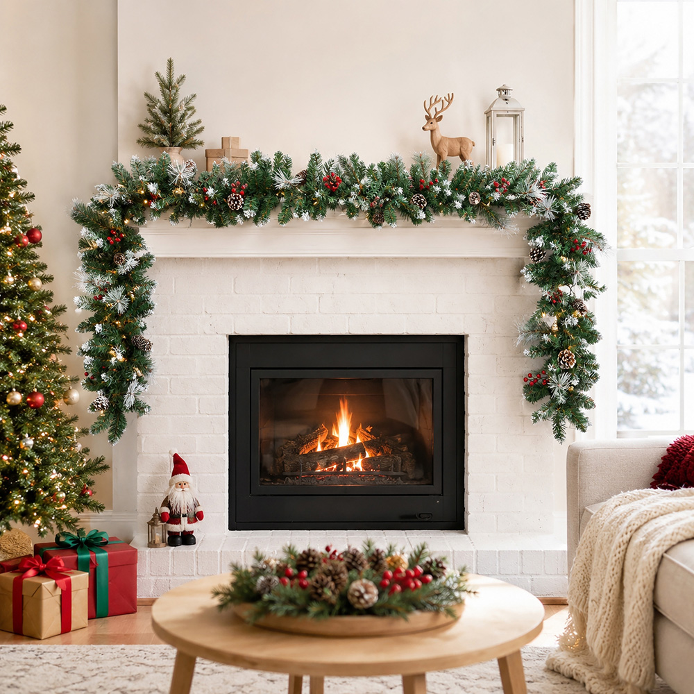Abrihome 50 Warm White LED Snow-Dusted Artificial Christmas Garland with Pinecones and Berries 270cm Image 2