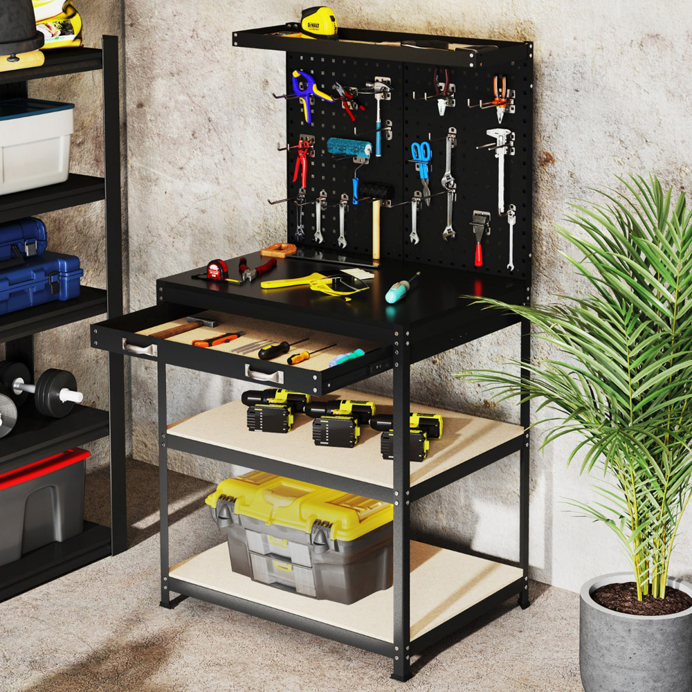 Costway Black Workbench with Pegboard and Shelves 81 x 41cm Image 4