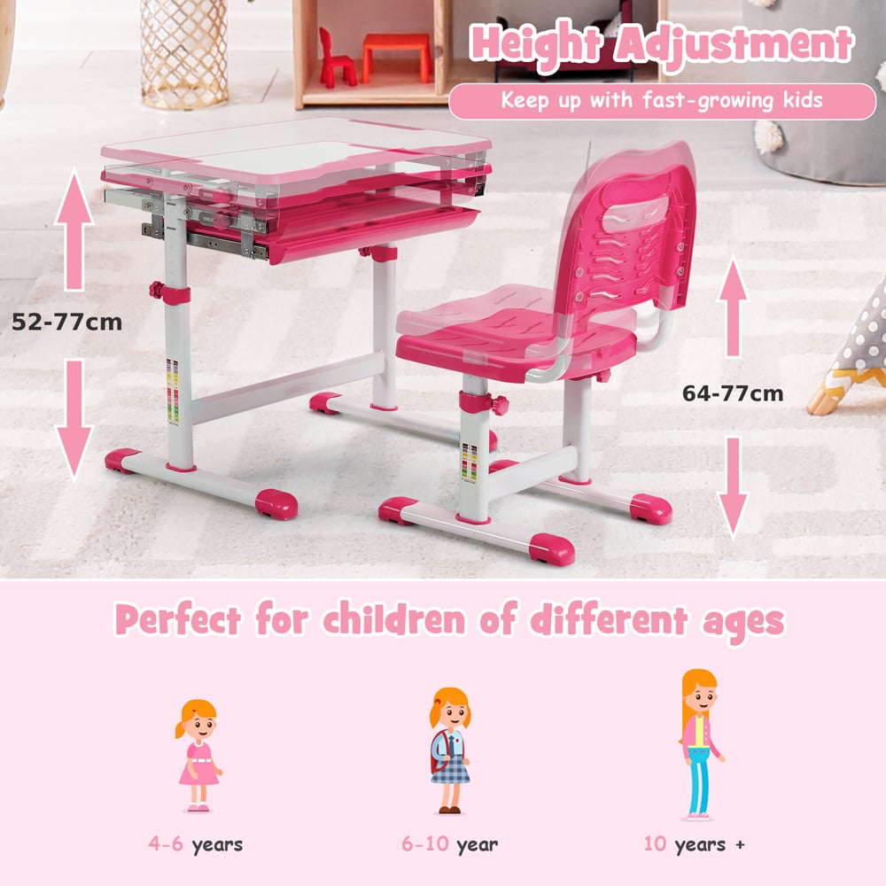 Costway Adjustable Pink Kids Study Table and Chair Set Image 8