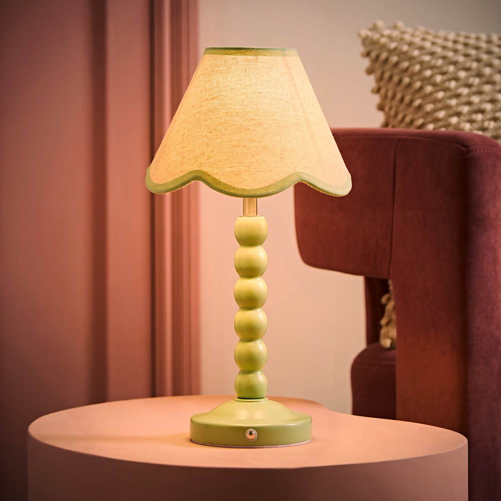 ValueLights Bobble Green Scallop Shade Green Rechargeable Wooden LED Table Lamp Image 2