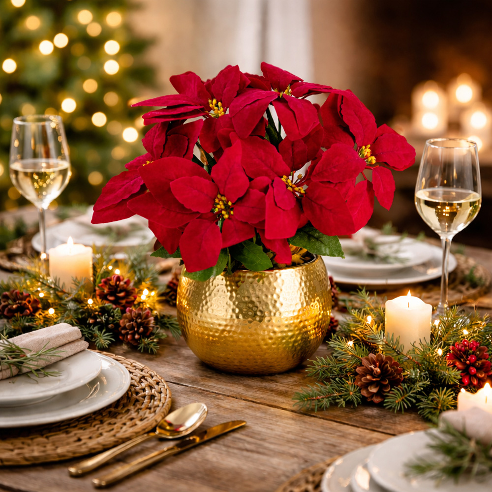 Leaf Christmas Red Poinsettia Artificial Plant in Gold Curved Metal Planter 40cm Image 2
