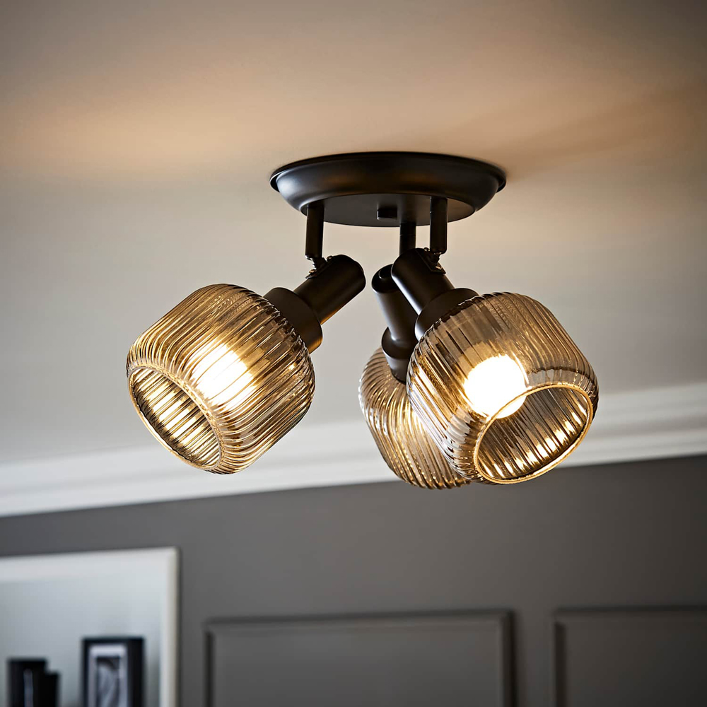 ValueLights Calpe Ribbed Clear Shades 3 Way Matte Black Adjustable Ceiling Spotlight with Bulbs Image 6