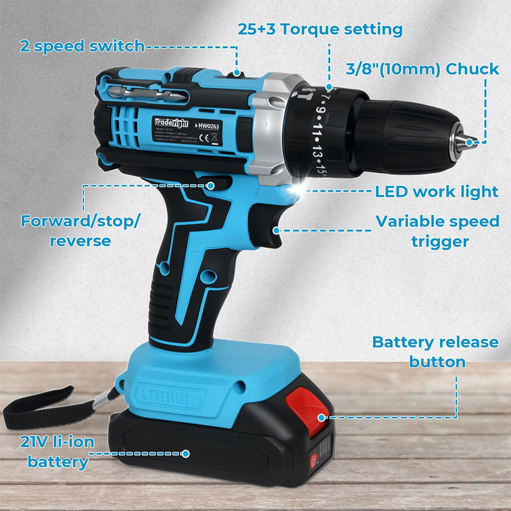 Traderight HW0262 21V Cordless Electric Combi Drill Driver with Battery and Accessories Image 9