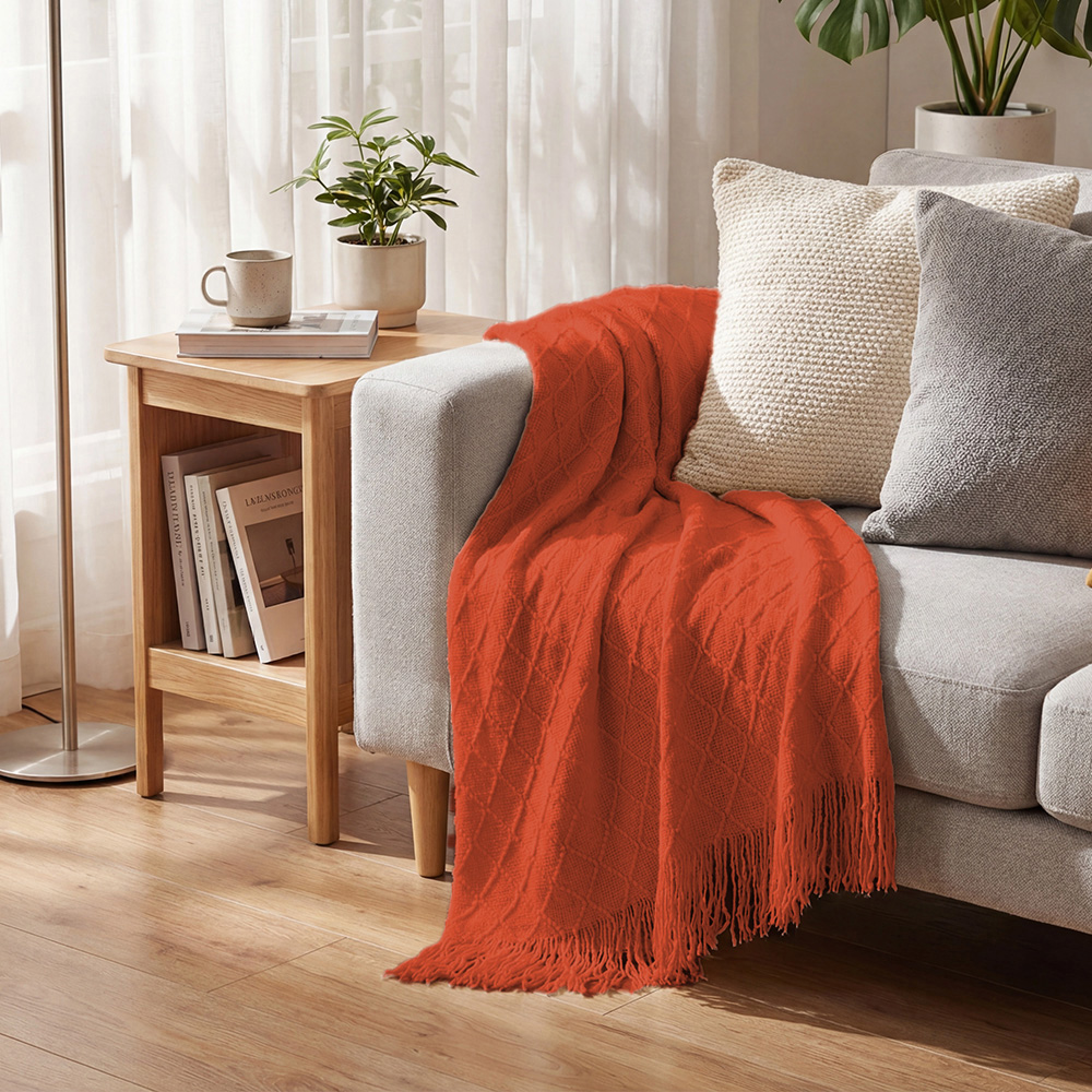 Living and Home Orange Diamond Knit Throw Blanket with Tassels 130 x 170cm Image 7