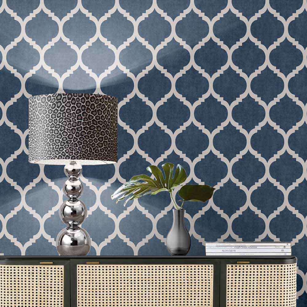 Darcy James Zara Trellis Blue and Silver Wallpaper Image 4