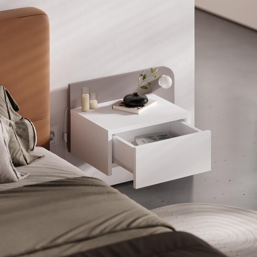 Decortie Dotta Single Drawer White Wall Mounted Bedside Table with Night Light Image 5