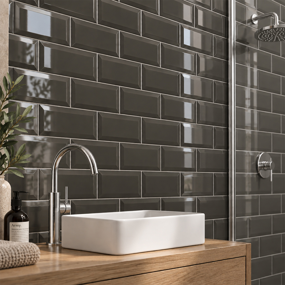Go Bathrooms Metro Bisel Grey Gloss Ceramic Wall Tile 100 x 200mm 50 Pack Image 3
