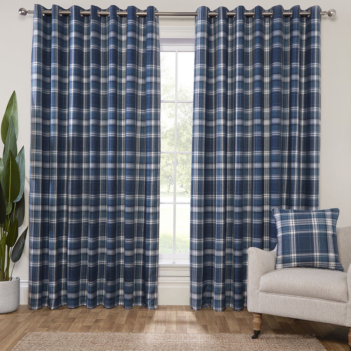 Hatfield Check Blackout Curtain - Navy / 168cm / 183cm Image 1