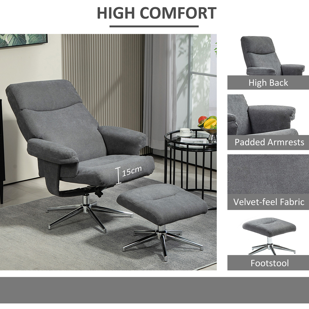 HOMCOM Charcoal Grey Velvet Fabric Upholstered Recliner Chair with Footstool Image 7