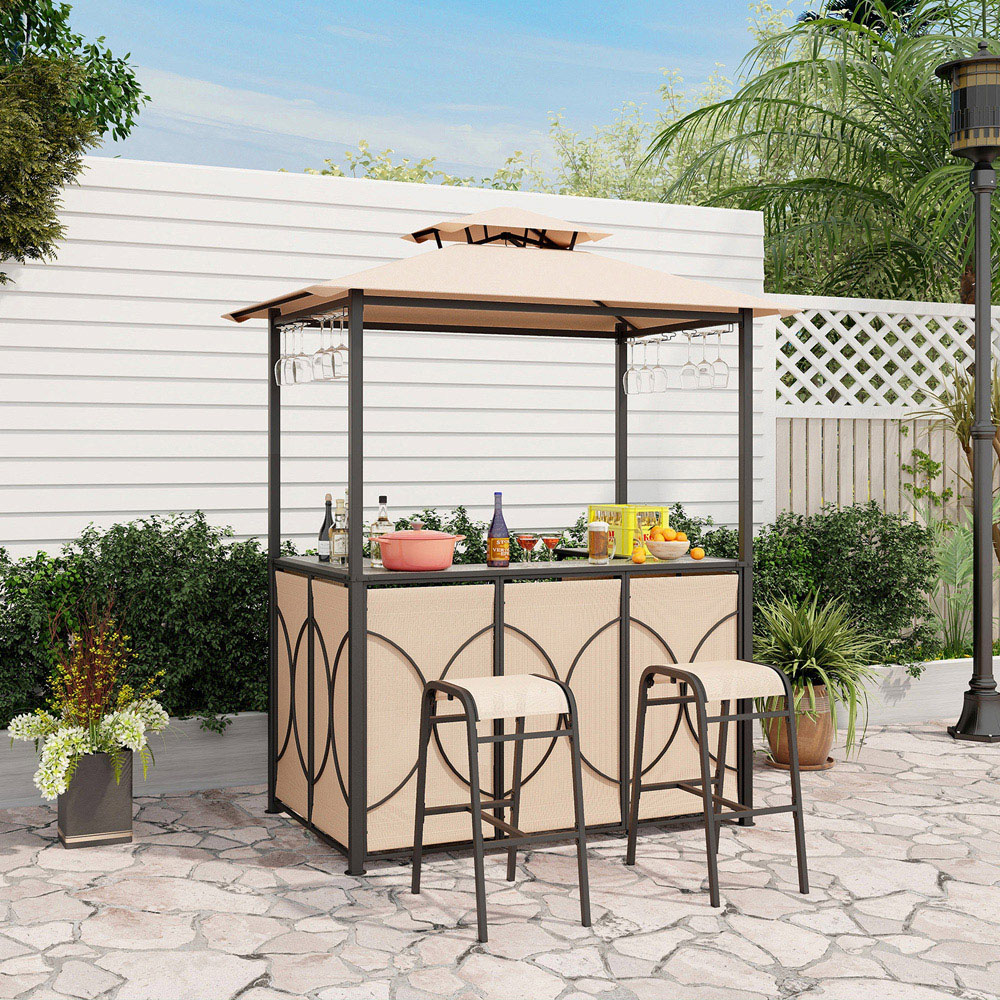 Costway 2.42 x 1.21m Brown Grill Gazebo with 2 Bar Stools and Tempered Glass Bar Table Image 3
