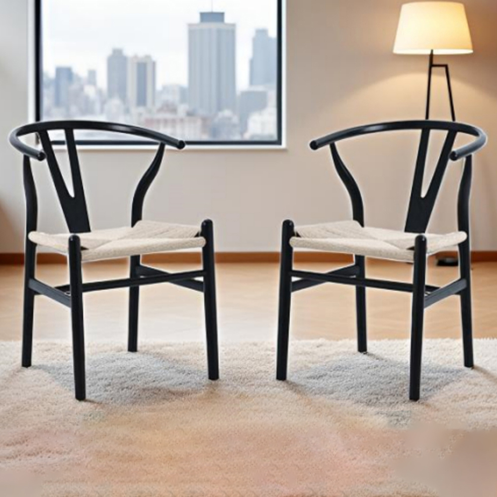 Furniture One Set of 2 Black Rattan Ash Solid Wood Y-Shaped Dining Chair Image 1