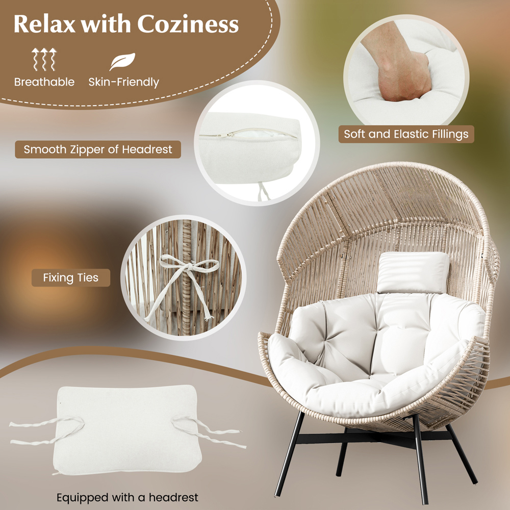 Costway White Wicker Egg Style Chair with Cushion Image 6