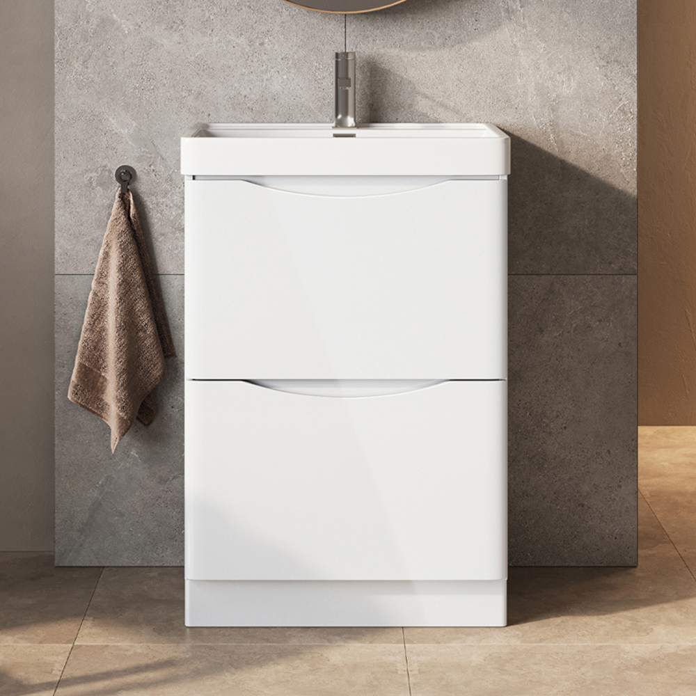 Go Bathrooms Eaton 2 Drawer White Gloss Floor Standing Vanity Unit with Resin Basin 600mm Image 1