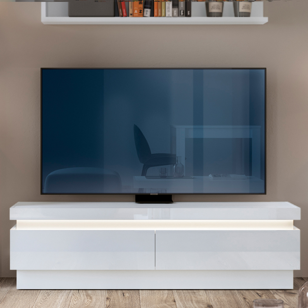 Lyon 2 Drawer White High Gloss LED TV Cabinet Image 1