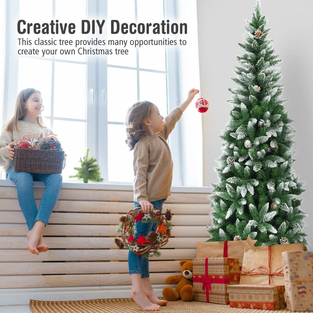 Costway Snow Flocked Pencil Artificial Christmas Tree with Pine Cones 6ft Image 3