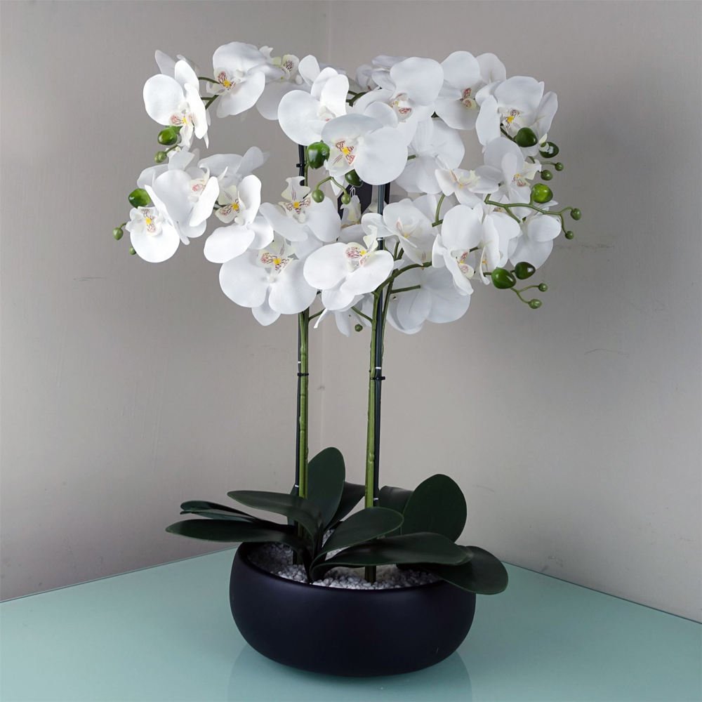Leaf White Orchid Artificial Plant in Black Ceramic Planter 2ft Image 2