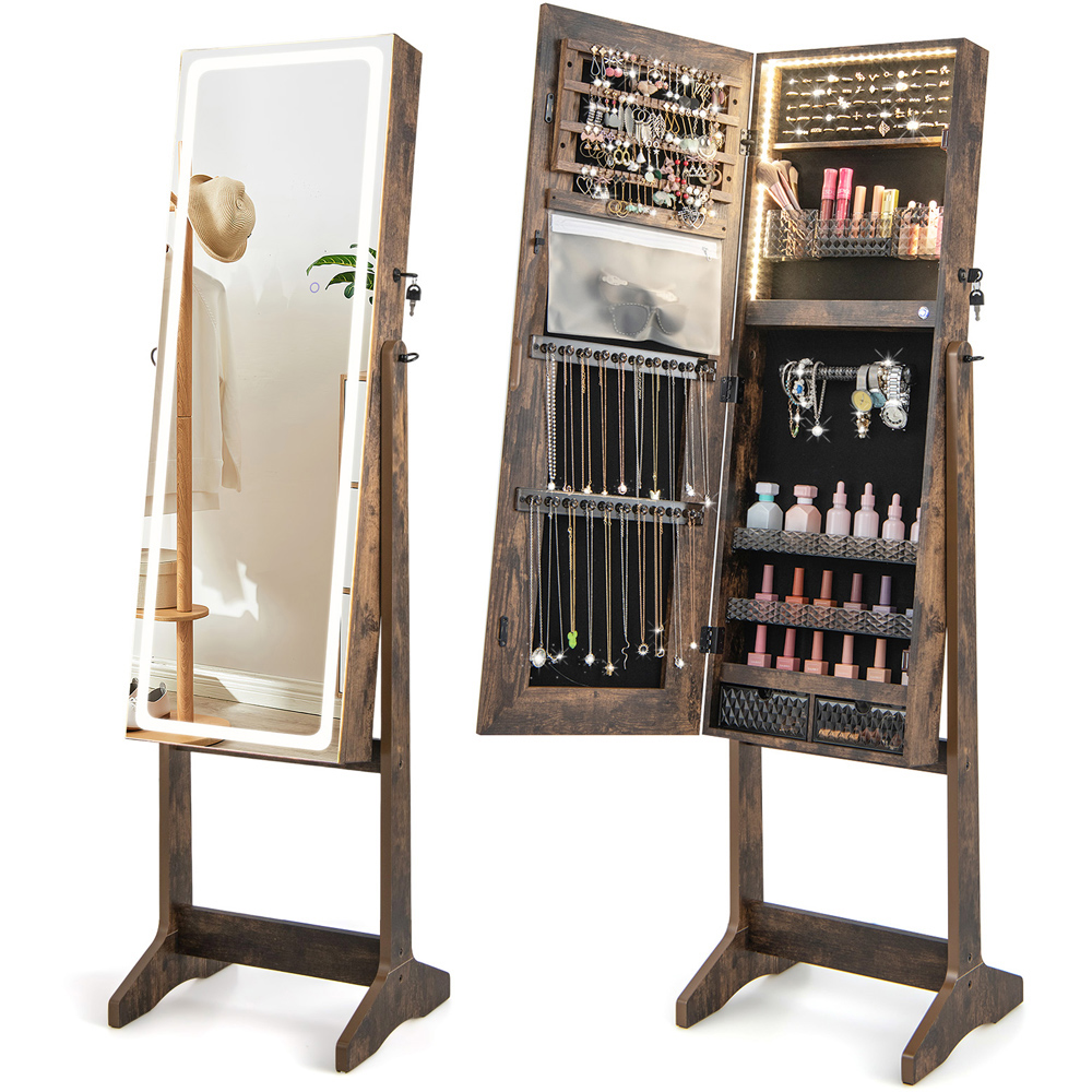 Costway 2 Drawer Rustic Brown LED Light Standing Jewellery Cabinet Image 3