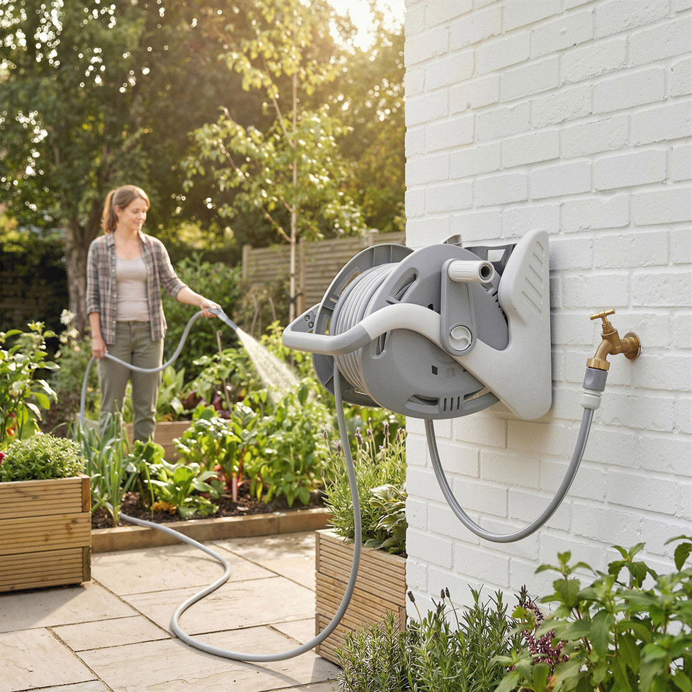 Outsunny Grey Portable Wall-Mounted Garden Hose Reel with 20m Hose and Fittings Image 2