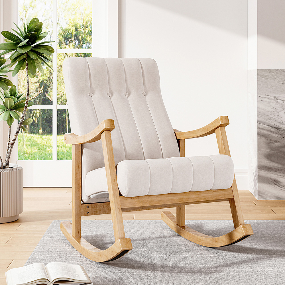 Living and Home Beige Velvet Upholstered Tufted Rocking Chair Image 8