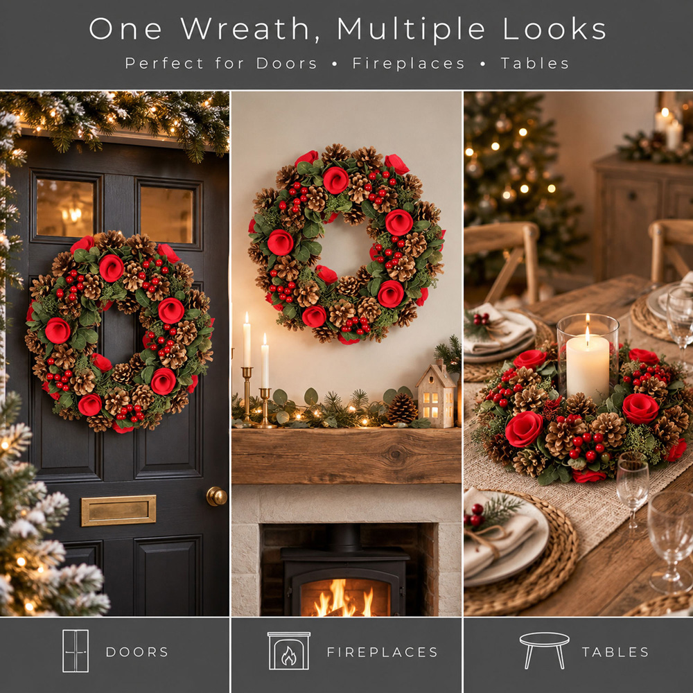 Neo Green and Red Artificial Christmas Wreath with Berries and Pine Cones 50cm Image 6