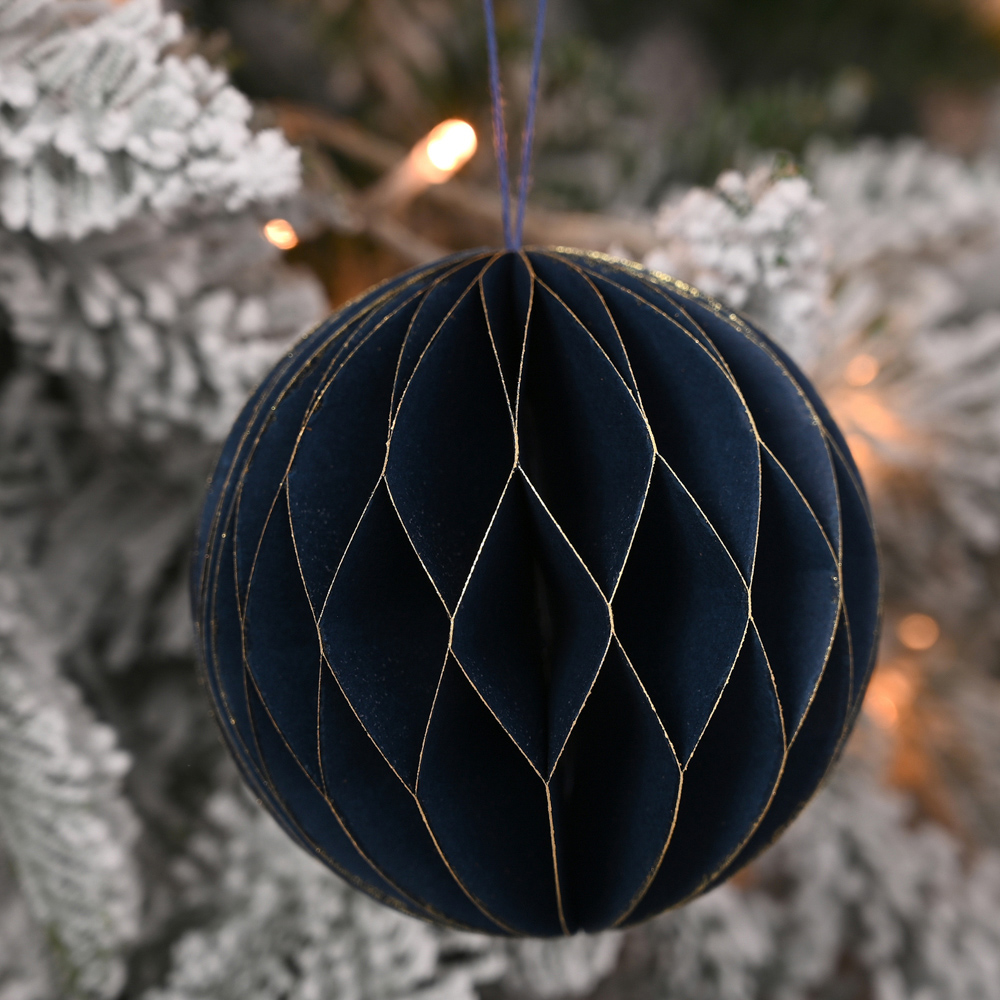 The Seasonal Gift Co Dark Blue Paper Bauble with Gold Edge 10cm 3 Pack Image 2