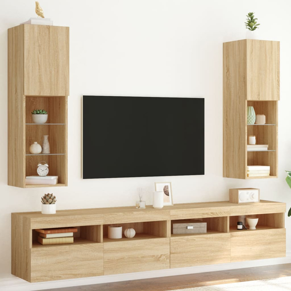 vidaXL Single Door 3 Shelf Sonoma Oak Wooden TV Cabinet with LED Set of 2 Image 1