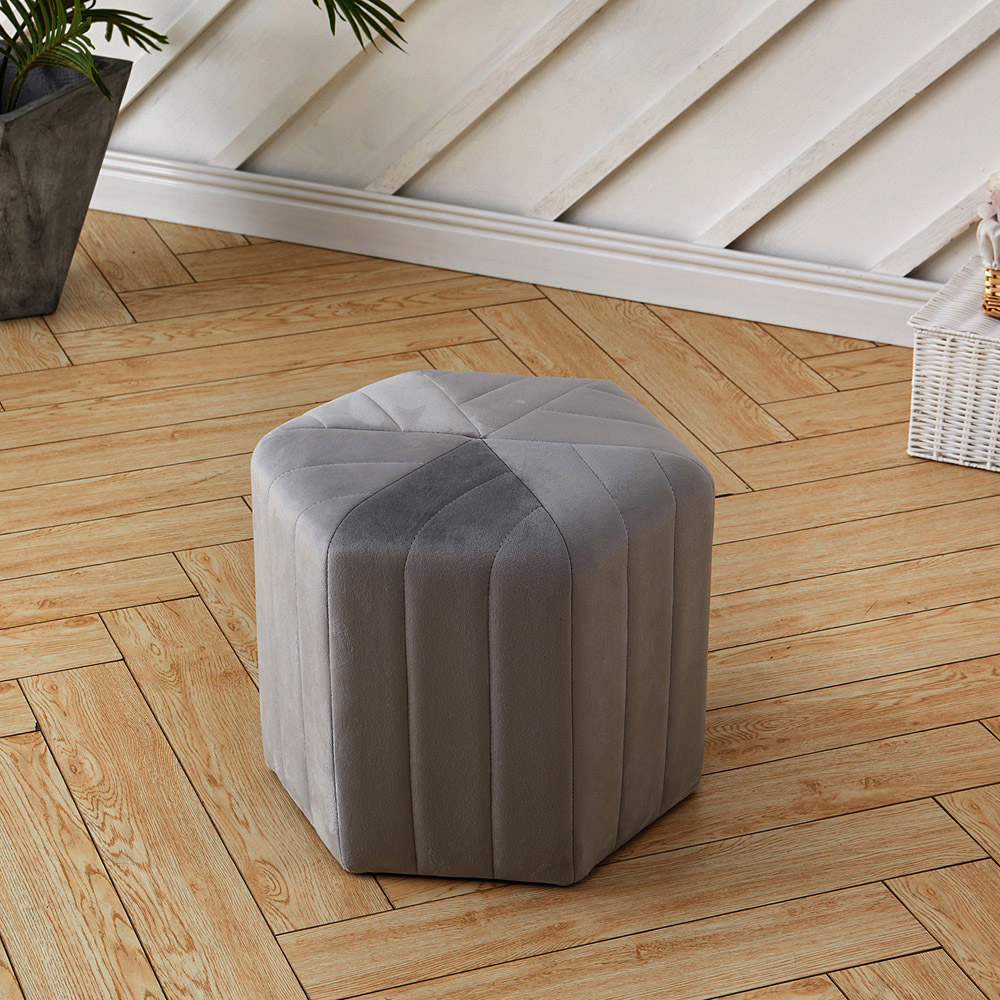 Living and Home Grey Minimal Hexagonal Velvet Footstool Ottoman with Stripes Image 3