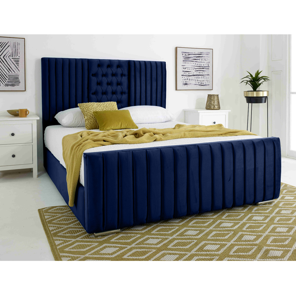 Eleganza Gracie Single Blue Plush Velvet Bed Frame with Lined Headboard Image 2