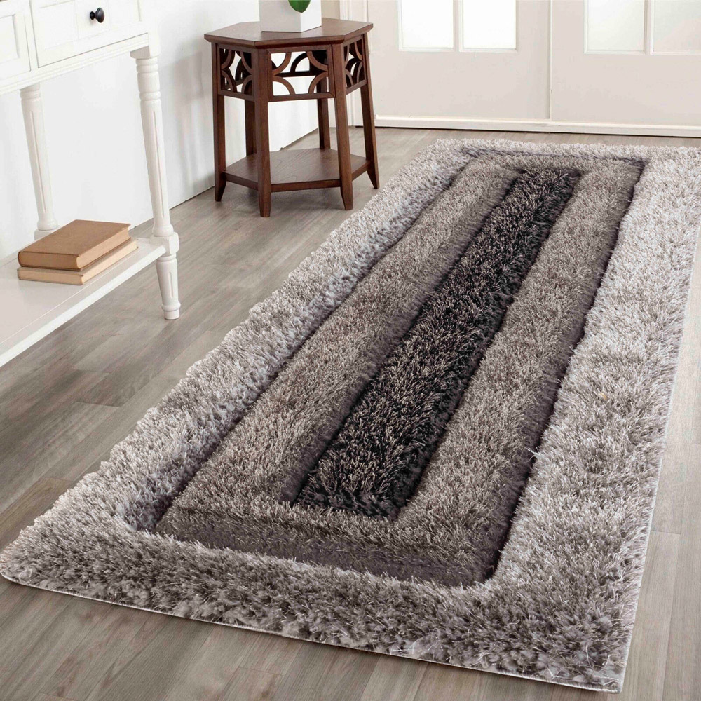 Desire Rug Modern Grey Bordered Shimmer Soft Shaggy Area Rug 60 x 220cm Image 2