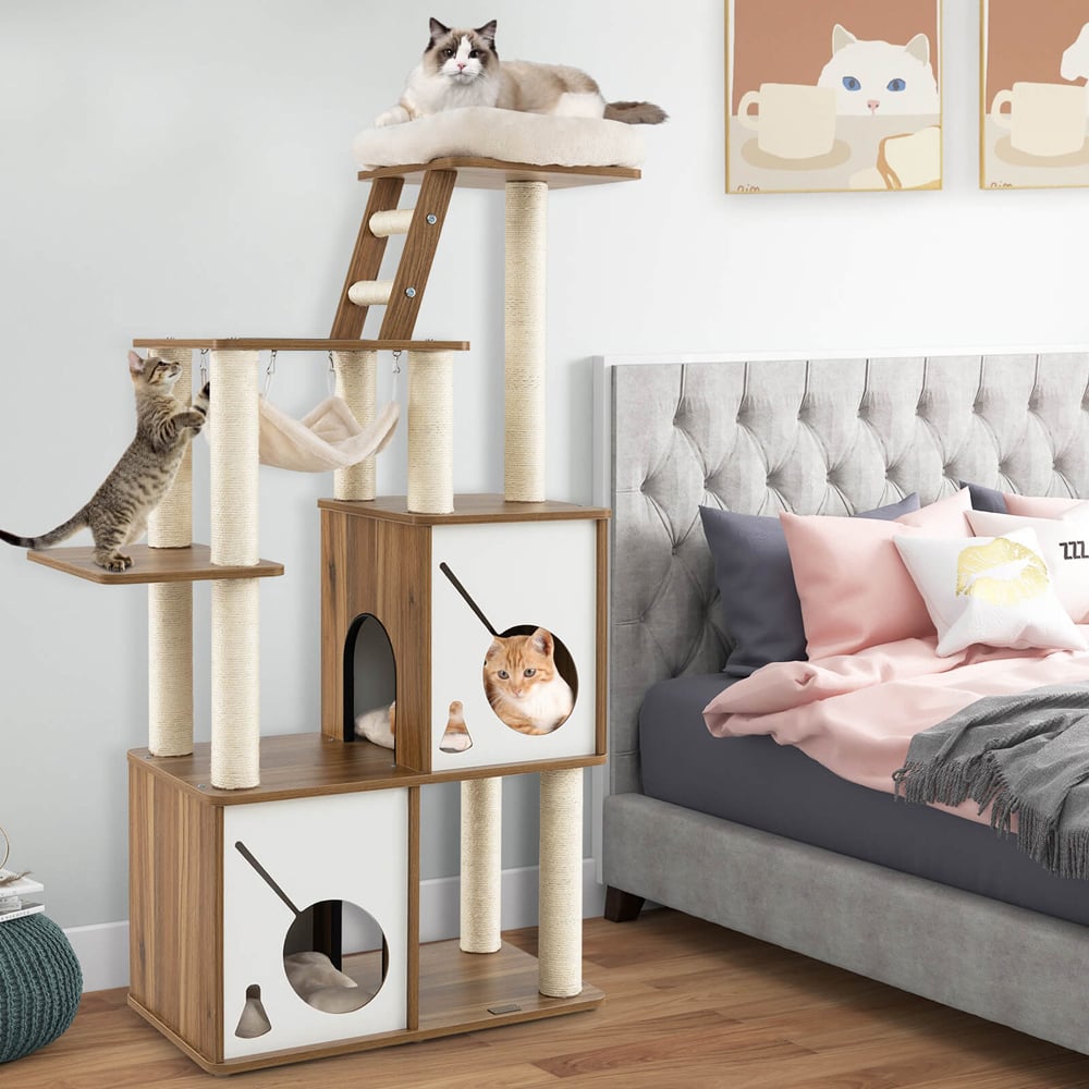 Costway Natural Multi Level Cat Tree Tower with Scratching Posts 145cm Image 3