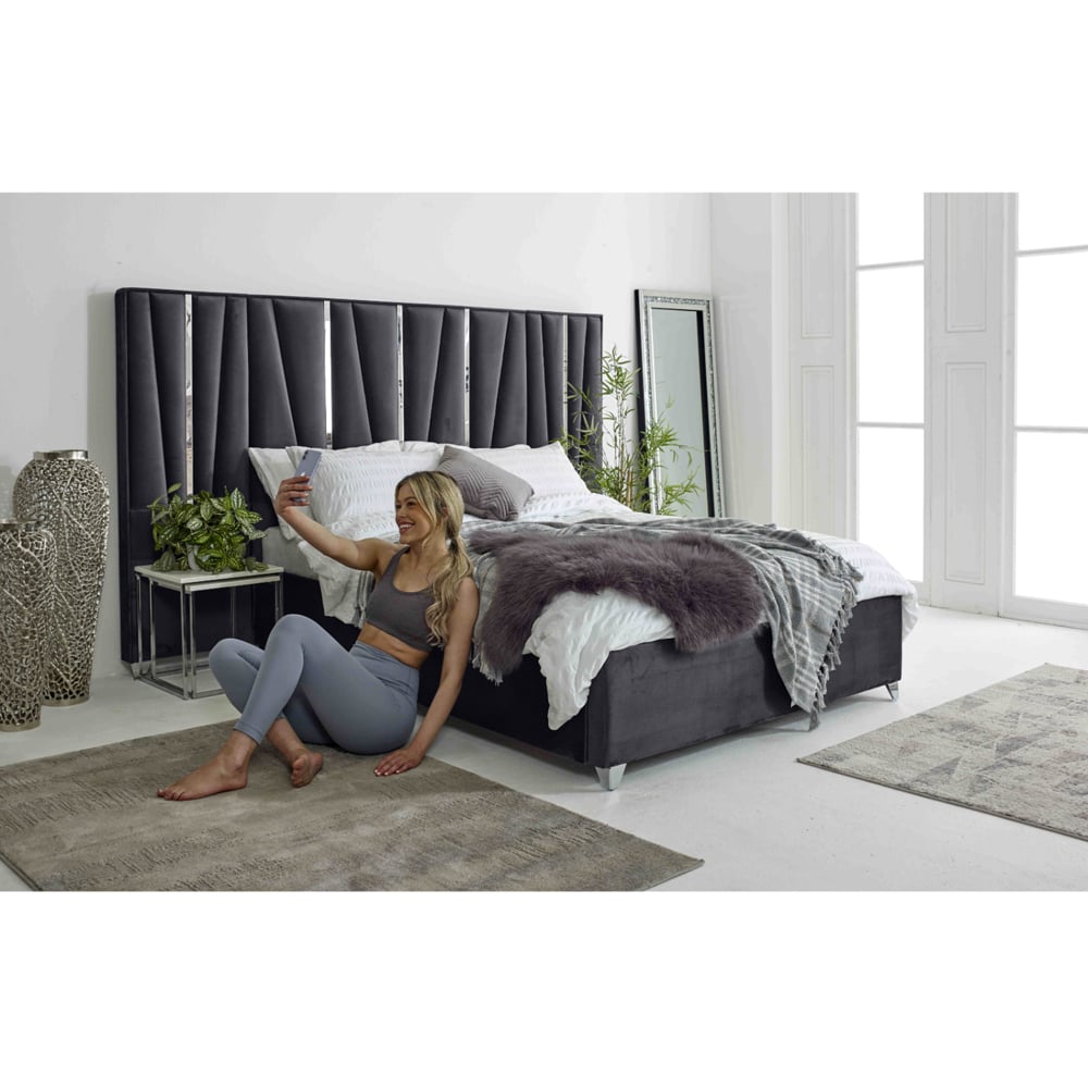 Eleganza Mila Double Steel Plush Velvet Bed Frame with Lined Headboard Image 7