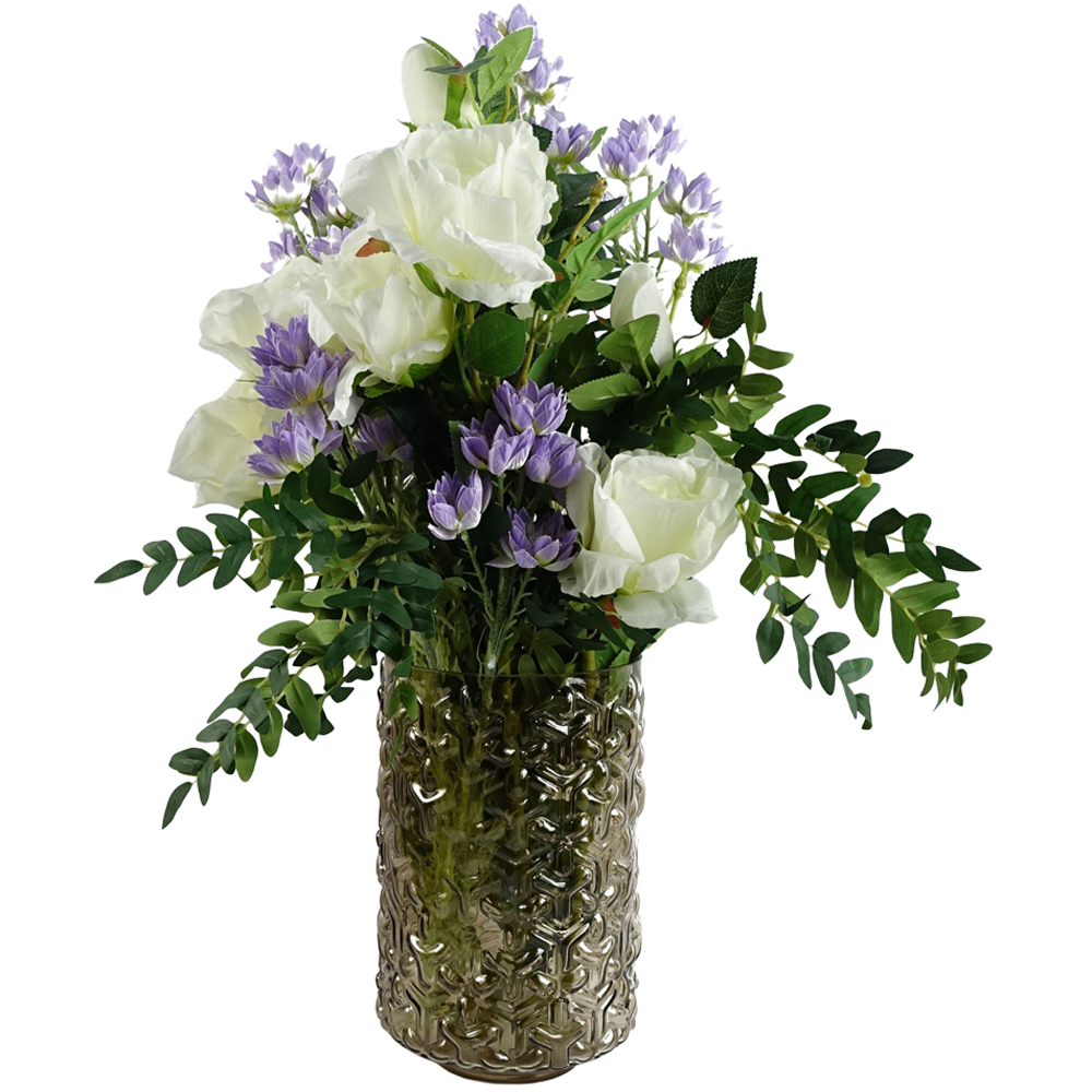 Leaf White Rose Purple Starflower Artificial Flower Bundle with Glass Vase 60cm 11 Pack Image 1