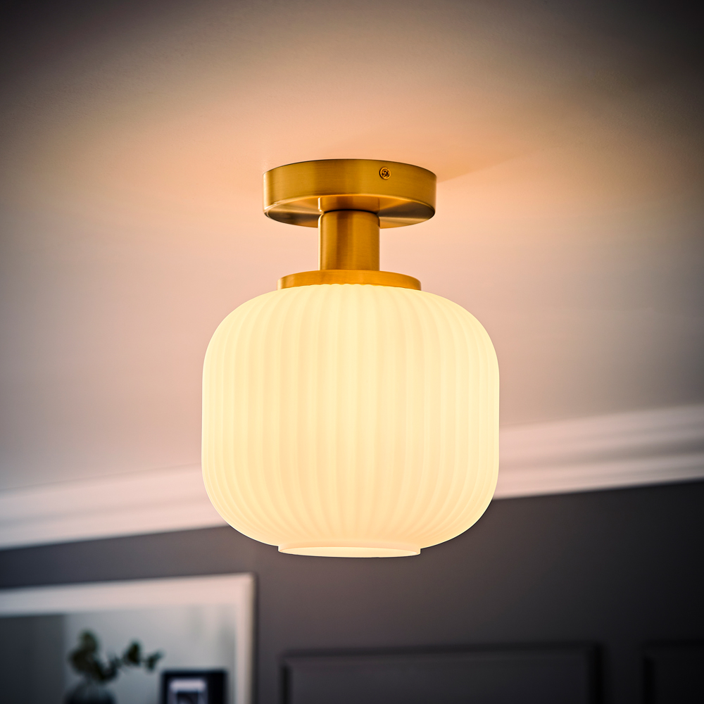 ValueLights Calpe Opal Frosted Shade Gold Stem LED Flush Ceiling Light Image 6