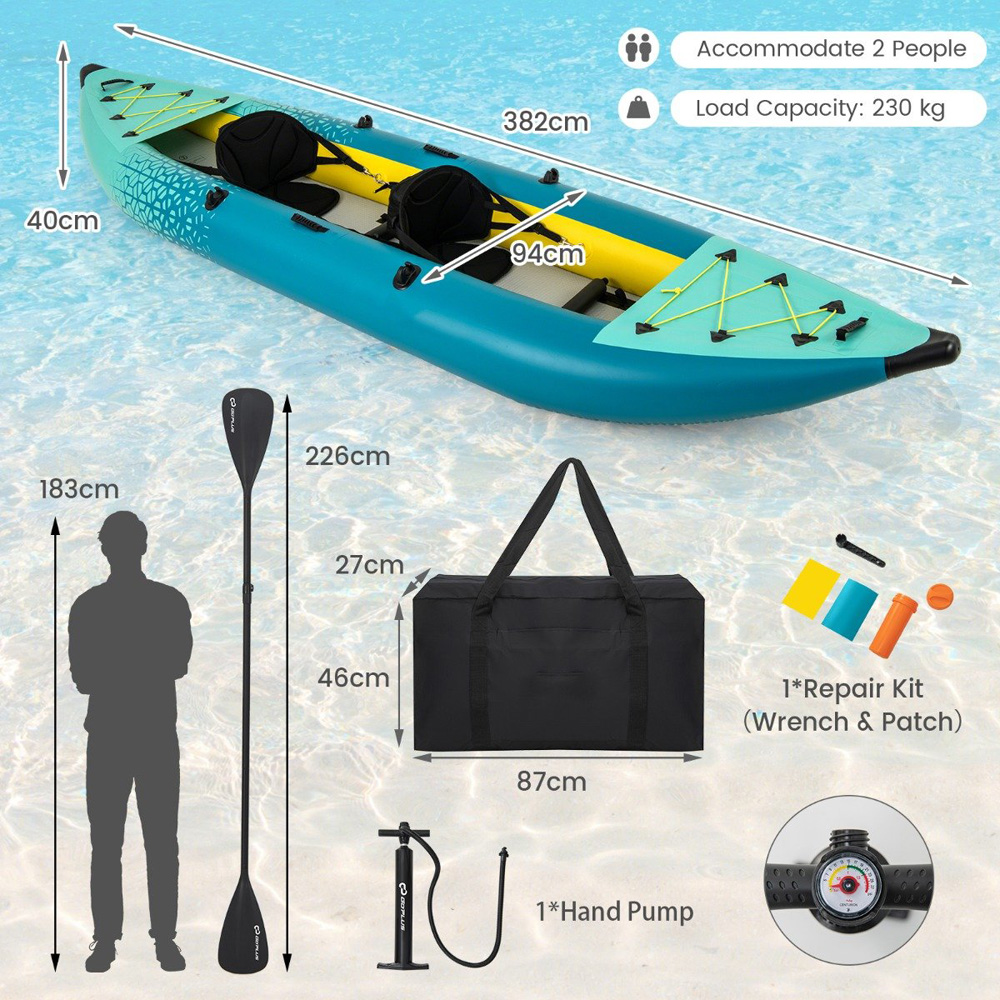 Costway 2 Person Teal Blue Inflatable Kayak Set Image 9