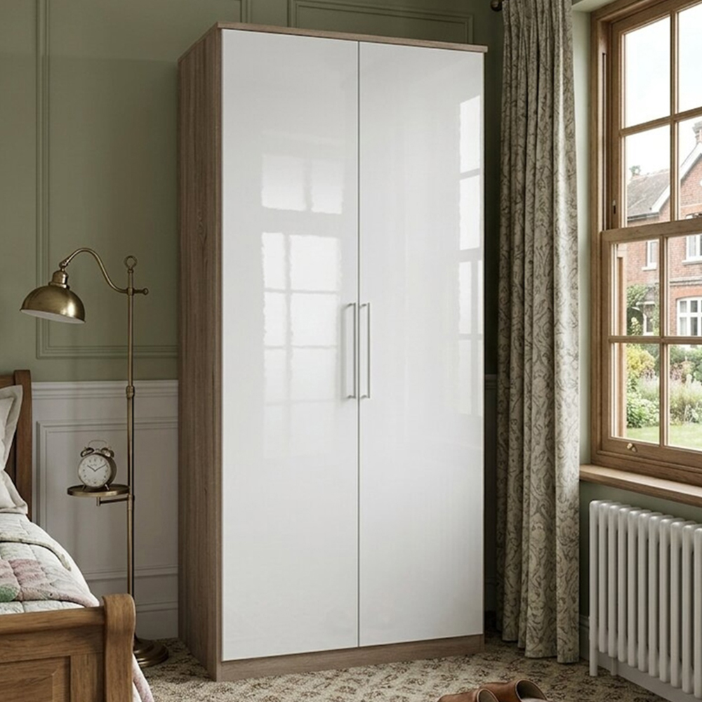 TJ'S Omega 2 Door Oak and High Gloss White Wardrobe Image 1