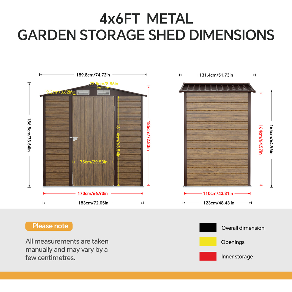 Living and Home 4 x 6ft Brown Wood Grain Metal Apex Garden Storage Shed Image 8