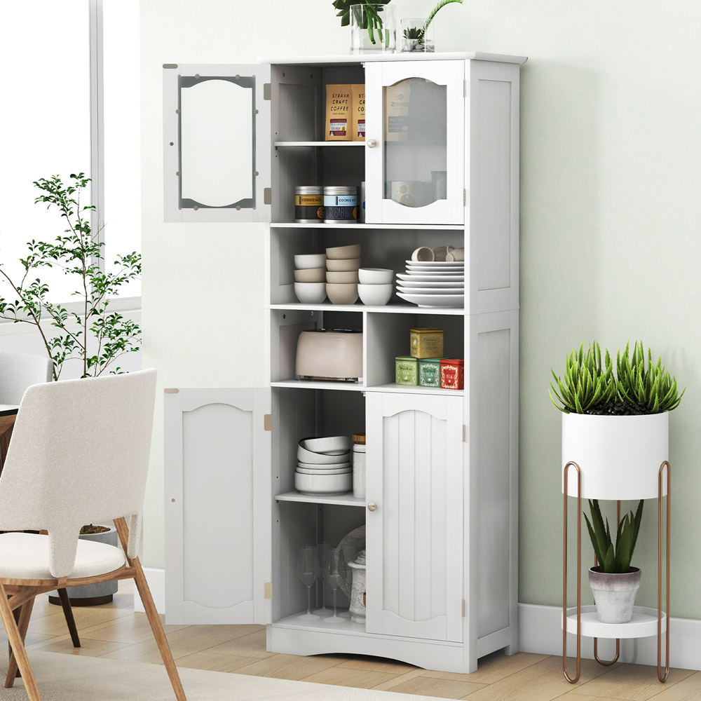 Costway 4 Glass Door 3 Shelf White Tall Bathroom Cabinet 148cm Image 4