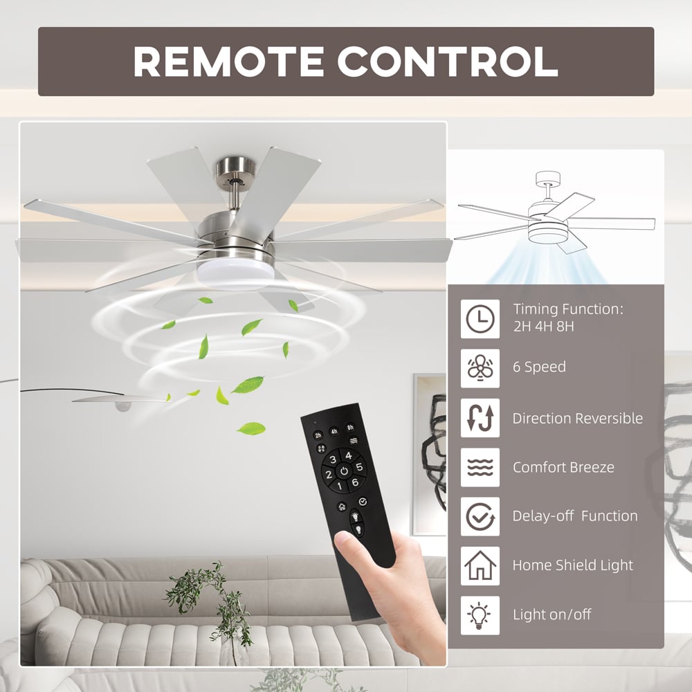 HOMCOM Silver and Natural Mounting Reversible Ceiling Fan with Light and Remote Image 7